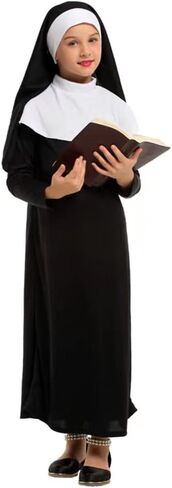 YEMYIQZ Nun Costume For Kids Girl Dress Catholic Sister Robe Priest Halloween Outfit Carnival Cosplay Child Gothic Head Wrap in Kuwait
