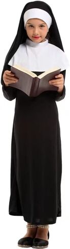 YEMYIQZ Nun Costume For Kids Girl Dress Catholic Sister Robe Priest Halloween Outfit Carnival Cosplay Child Gothic Head Wrap in Kuwait