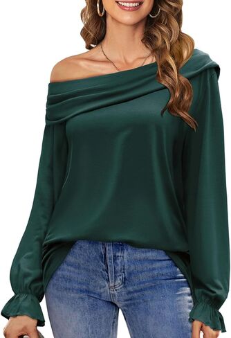 DOROSE قمصان نسائية بدون أكتاف مكشكشة وأكمام طويلة وقمصان كاجوال فضفاضة in Kuwait