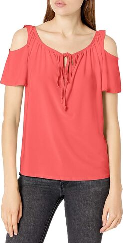Star Vixen Women's Plus Size Cold Shoulder Tie Neck Keyhole Peasant Top in Saudi Arabia