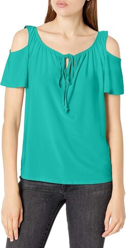 Star Vixen Women's Plus Size Cold Shoulder Tie Neck Keyhole Peasant Top in Saudi Arabia