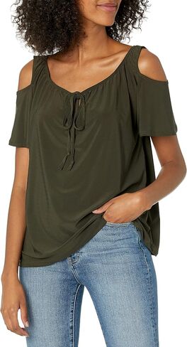 Star Vixen Women's Plus Size Cold Shoulder Tie Neck Keyhole Peasant Top in Saudi Arabia