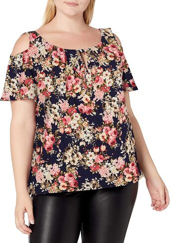 Star Vixen Women's Plus Size Cold Shoulder Tie Neck Keyhole Peasant Top in Saudi Arabia