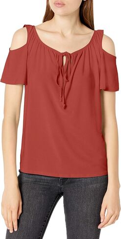 Star Vixen Women's Plus Size Cold Shoulder Tie Neck Keyhole Peasant Top in Saudi Arabia