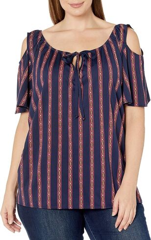 Star Vixen Women's Plus Size Cold Shoulder Tie Neck Keyhole Peasant Top in Saudi Arabia
