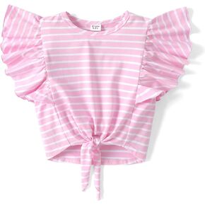PATPAT Girls Summer Short Sleeve Crop Top Flutter Ruffle Sleeve T Shirt Tie Front Blouse Top