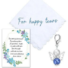 MKISHINE Something Blue Wedding Gift Embroidered Handkerchief, Happy Tears Wedding Handkerchief, Wedding Day Bride Gift, Something Blue Angel Gift, Bridal Shower Gift