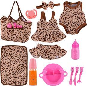 BABESIDE 11Pcs Baby Doll Clothes and Accessories for 10-12 inch Dolls, Baby Doll Feeding and Care Set with Carry Bag, Bottles, Tableware, Baby Doll Outfit for Newborn Doll Girl (Leopard Pattern)
