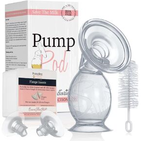 Pump Pod with 13mm Pumping Pretty Inserts; Customizable Nipple Size, Suction Activated Breast Milk Collection Cup for Breastfeeding, Manual Breast Pump 4.5 fl/oz Suction Base and Plug