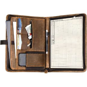 Carpetene Genuine Leather Portfolio, Crazy-Horse Leather Executive Padfolio Organizer with Zipper, Professional Leather Folio Folder, Stylish Brown Binder for Men Women, Business, Legal Holder, A4/Pad
