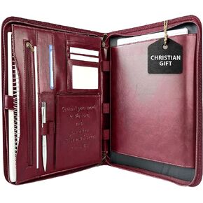 DEHITE Leather Portfolio for Men - Christian Religious Gifts - Padfolio for Men and Women with Laptop Pocket - Letter Size Organizer for Bible Notebook Notepad - Brown Full Grain Zipper Binder