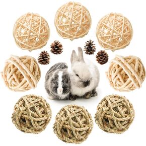 9 Pcs Small Animals Play Balls Rolling Activity Chew Toys Gnawing Treats for Rabbits Guinea Pigs Chinchilla Bunny Natural Balls, Pet Cage Entertainment Accessories (9 Pcs)