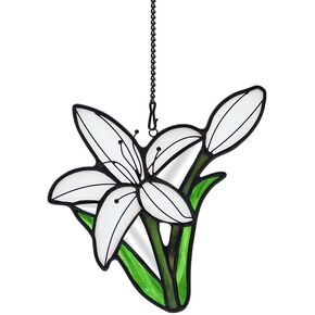 BOXCASA Lily Flower Gift for Women Stained Glass Suncatcher,Artificial Flowers Stained Glass Window Hangings,White Flower Gift for Mom,Window Suncatcher Indoor Decor for Livingroom Bedroom