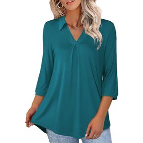 U.Vomade Women's 3/4 Sleeve Plus Size Tops Collared V Neck Casual Comfy Work Blouses L-4X