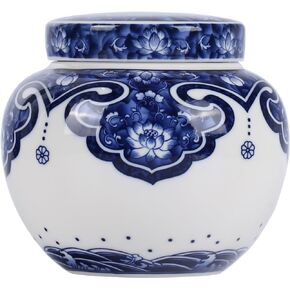 Blue and White Porcelain Round Ginger Jar with Lid, Ceramic Chinoiserie Chinese Style Decorative Jar for Home Decor, Storage for Snacks, Key Chains, Coffee Beans (Half Blue)