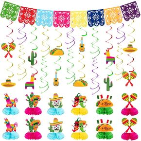 49 PCS Cinco De Mayo Party Decorations, Fiesta Party Decorations Fiesta Banner Hanging Swirls Honeycomb Table Centerpieces Cinco De Mayo Fiesta Party Birthday Decor for Mexican Party Supplies