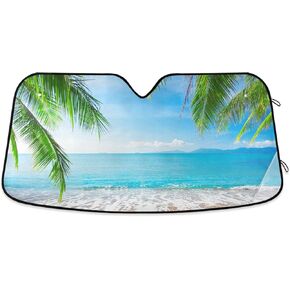 Tropical Palm Tree Beach Car Windshield Sun Shade Blocks UV Rays Sun Visor Protector Foldable Sun Reflector to Keep Your Vehicle Cool