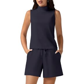 Casly Lamiit Women's Summer 2 Piece Outfits Mock Neck Tank Top High Waisted Shorts Lounge Sets 2024 Fashion Tracksuit