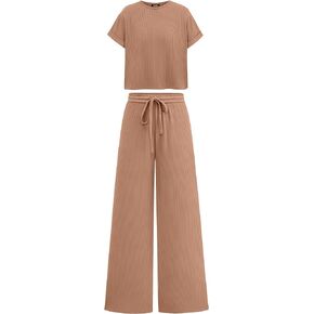 NALANISA Women's 2 Piece Outfits Knit Lounge Sets Summer Short Sleeve Tops Wide Leg Pants Matching Loungewear Set Tracksuit