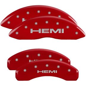 MGP Brake Caliper Covers for Dodge RAM 1500 2019-23 (19-21 Alternate Rear Caliper) Red Finish Engraved Silver HEMI Logo, Front and Rear Caliper Cover (Set of 4)