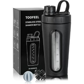 TOOFEEL Stainless Steel Shaker Bottle - 28 oz Metal Shaker Cups for Protein Shakes, 2 Whisk Ball, Not Stays Cold/Hot, Visible Window Protein Shaker Bottle, Gym Workout Leakproof Shaker Bottle
