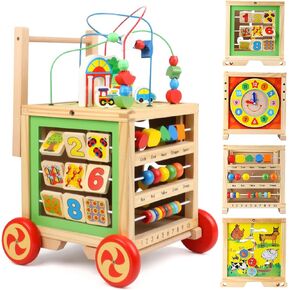 KABENFIS Wooden Activity Cube 6 in 1 Montessori Toys for 1 Year Old Boys Girls First Birthday Gift Learning Educational Sensory Toddler Toys Age 1-2 Removable Bead Maze Clocks Shape Sorter Abacus