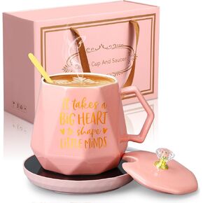 Hushee Godmother Coffee Warmer with Mug Set for Women, 13.5 Oz Coffee Mug and Warmer Set with Lid Spoon and Plate, Electric Beverage Warmer Set for Mother's Day Desk Office Home Birthday Gifts, White