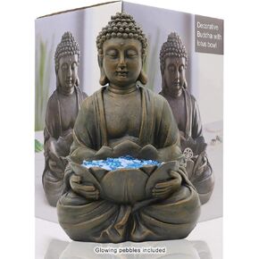 Goodeco 12" Meditating Buddha Statue Figurine w/Lotus - Zen Garden Statues for Indoor/Outdoor Decor- with Magical Glow in Dark Pebbles & Glass Stones, Ideal Gifts for Home (Brown)