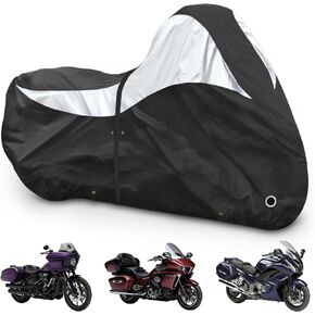 Zenicham 600D Motorcycle Cover，Heavy Duty Waterproof Motorcycle Covers Outdoor Storage with Lock-Holes Compatible with Harley Davidson, Honda, Suzuki, Yamaha (Side+Top Box)