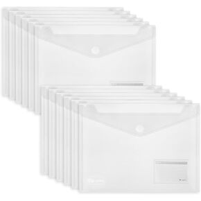 25 Pack Transparent Plastic Envelopes File Folders, A4 Letter Size, Clear Document Folder, Poly Envelopes with Label Pockets, Hook & Loop Closure for School Home Work Office Organizer
