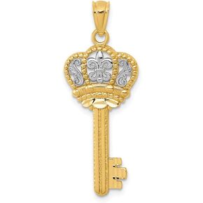 Solid 14k Yellow and White Gold Two Tone Crown Key Pendant (12.5mm x 31.5mm)