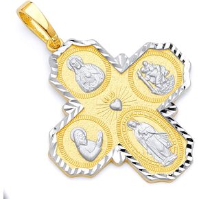 14k REAL Two Tone Gold Four-Way Cross Religious Charm Pendant (Size : 39 x 28 mm)