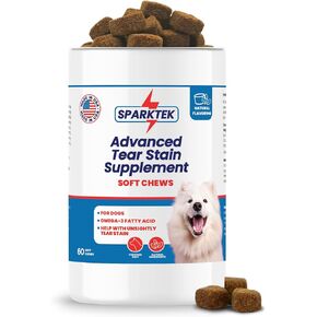 Sparktek Tear Stain Soft chew Supports Dogs Eye Care Enhanced with Lutein Omega-6 Omega-3 Cranberry Extract Helps Eliminate Tear Stains Lubricates Eyes and Supports Immune System from Allergies