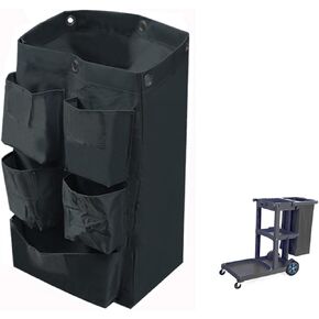 Replacement Janitorial Cart Bag with 5 Pockets,25 Gallon Housekeeping cart Bag High Capacity Waterproof Thickened Commercial Janitorial Cleaning Cart Bag with 6 Brass Grommets (Black with 5 Pockets)