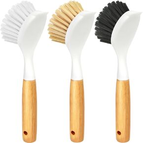 Holikme 3 Pack Dish Brush Set with Bamboo Handle, Kitchen Scrub Brush for Cleaning Dish, Pasta Plate, Salad Bowl, Scrubber with Soft Bristles, Blanco