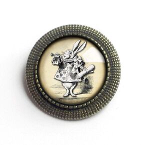 Alice in Wonderland White Rabbit Glass And Brass Brooch