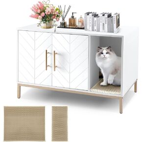 Hersinsem Cat Litter Box Enclosure Furniture with Double-Layer Litter Mat,Designer-Crafted Litter Box Furniture,Hidden Litter Box Serve as Side End Table&TV Table Fits Most Litter Boxes