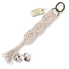 Bohemian Macrame Keychain for Women, Woven on a Metal Ring with Beige Braided Cotton Cords and Tassel, Measures 8 inches – ATM (CUBE KEYCHAIN)