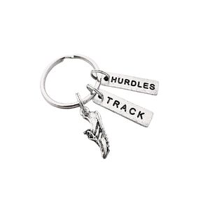 Pewter RUN TRACK HURDLES Key Chain - Pewter Running Shoe Charm, Pewter TRACK and Pewter HURDLES Pendant on Round Key Ring - Track Hurdler Hurdles Race - All Pewter Key