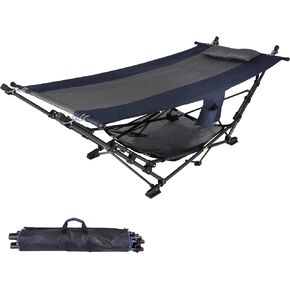 Lineslife Folding Hammock with Removable Canopy and Pillow, Freestanding Portable Hammock with Collapsible Stand for Outdoor Yard Beach Camping Patio
