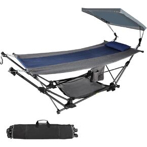 Lineslife Folding Hammock with Removable Canopy and Pillow, Freestanding Portable Hammock with Collapsible Stand for Outdoor Yard Beach Camping Patio