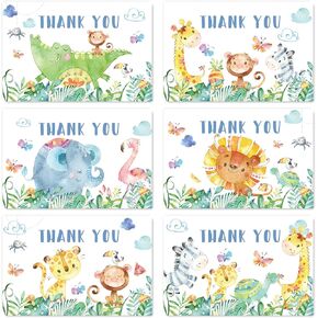 Whaline 36 Pack Safari Jungle Thank You Cards with Envelopes Stickers Woodland Greeting Cards Watercolor Forest Animal Greenery Cartoon Blank Note Cards for Birthday Baby Shower, 4 x 6 Inch
