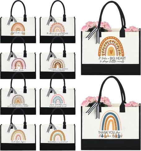 Sweetude 10 Pack Teacher Appreciation Gift Bulk Teachers Day Gifts Rainbow Canvas Tote Beach Bag for Women Holiday Christmas in Kuwait