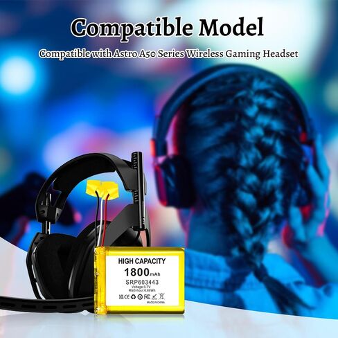 SRP603443 Replacement Battery,3.7V/1800mAh High Capacity Li-Polymer Battery Replacement for Astro A50 Series Wireless Gaming Headset,fits Part Number SRP603443 in Saudi Arabia