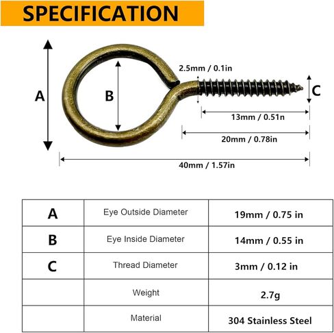 50PCS Stainless 1.57 Inch Screw Eyes Hooks Bronze Eye Bolt Hooks, 20 Lbs Capacity in Kuwait