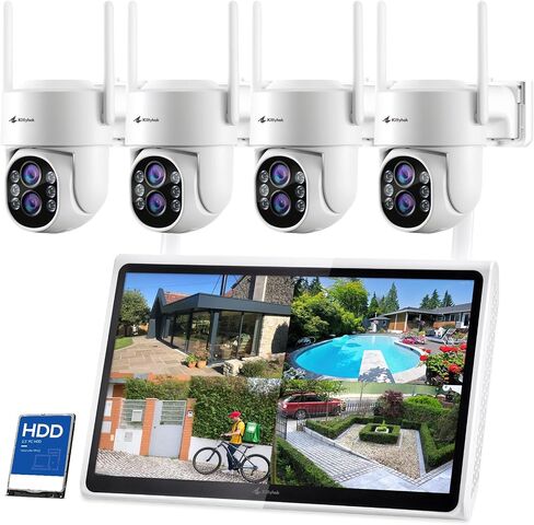 Kittyhok Wireless Security Camera System Outdoor with Monitor | 4pcs 2K Dual Lens PTZ Security Cameras, 10x Mixed Zoom, Auto Tracking, Human Detection, Spotlight | 10CH NVR with 10" Monitor, 500GB HDD in Saudi Arabia