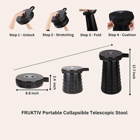 FRUKTIV Telescopic Stool, Portable Stool, Collapsible Stool, Sturdy Foldable Stool with Cushion & Carry Bag, Load Capacity of 550lbs, Indoor & Outdoor Activities Retractable Camping Stool (Black) in Saudi Arabia