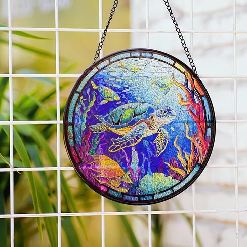 Skwpepe Stained Glass Panels for Wall Decor, 6 Inch Window Hanging Ornament, Hand Painted Glass Panel for Living Room, Bedroom, Kitchen, Office (Turtles) in Saudi Arabia