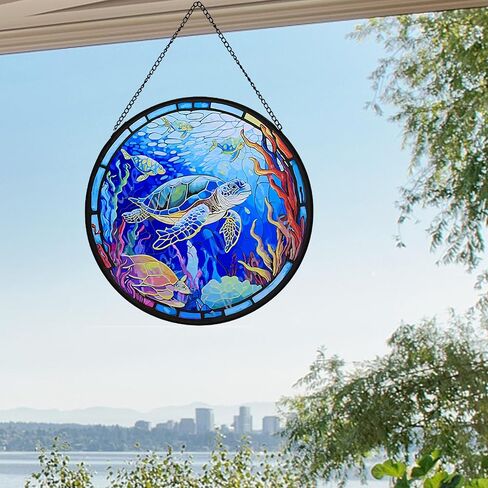 Skwpepe Stained Glass Panels for Wall Decor, 6 Inch Window Hanging Ornament, Hand Painted Glass Panel for Living Room, Bedroom, Kitchen, Office (Turtles) in Saudi Arabia