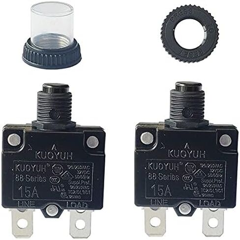 KUOYUH Circuit Breaker Thermal Overload 88 Series 15A Quick Connect Terminals 32VDC 125/250VAC 50/60Hz Push-to-Reset with Waterproof Transparent Dust Cover 2-Pack (15A) in Saudi Arabia